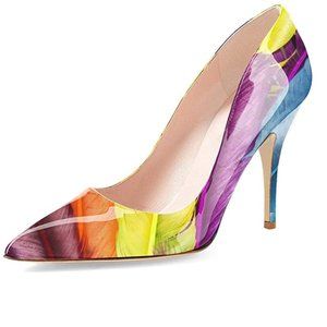 YDN Women Print Feather Chic Pointed Toe Slip on Mid Heel Pumps